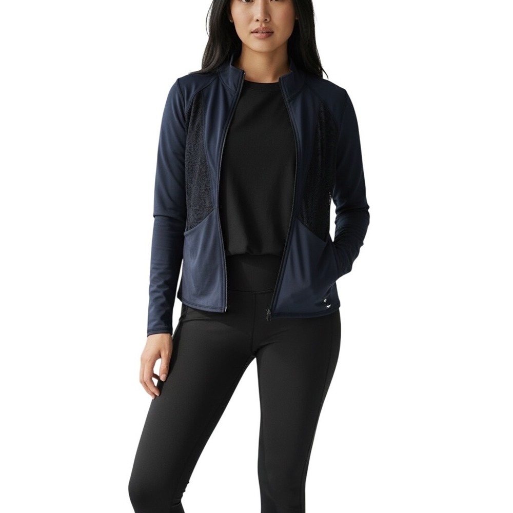 Maurices‎ inMotion Navy Blue Lace Panel Full Zip Activewear Stretch Jacket M Gym